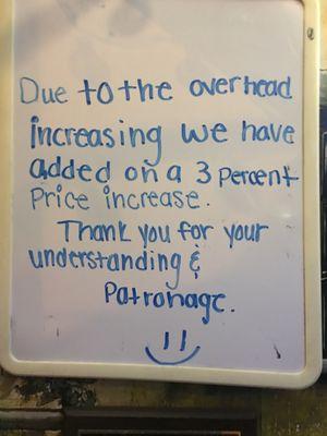 I like the food, but it seems wrong to sneak in an increase when you advertise specials. Nothing mentioned on the menu.