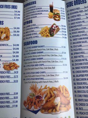 Burgers and seafood menu