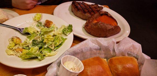 Steak with sweet potato and salad. Yummy rolls to start.