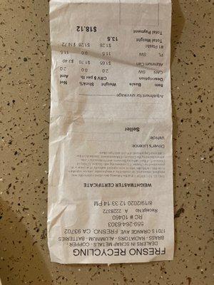 receipt for alum cans and plastic bottles