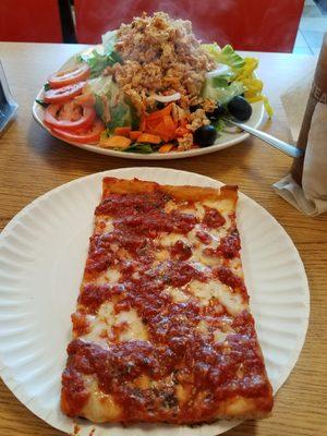 Grandma's pizza and buffalo chicken salad (no cheese)