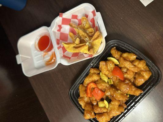 Orange chicken and crab rangoons