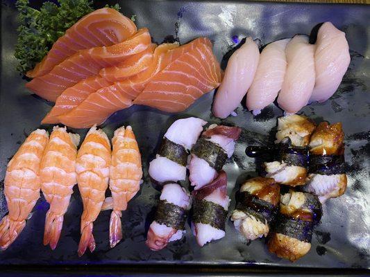 Salmon sashimi, nigiri: shrimp, yellowfin, octopus, unagi