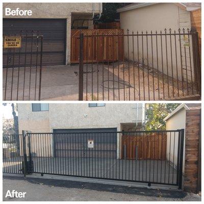 Before-Manual rusted gate with uneven driveway/dirt area After-New motorized gate and driveway leveled to allow for proper drainage