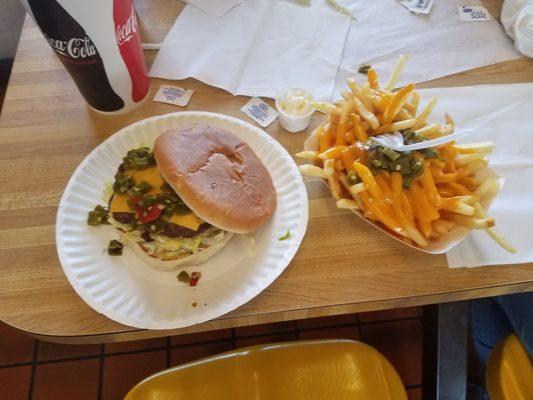 Green chile cheeseburger and green chili cheese fries