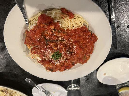 Spaghetti Marinara with lump blue crab & a meatball