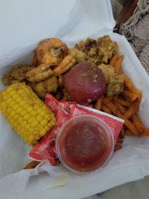 Fried Shrimp, Corn, Potato, and Sweet Potato Fries