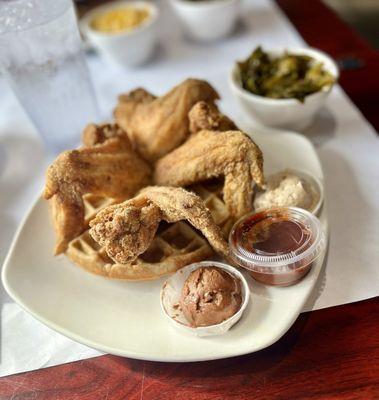 Dueling roosters with a sweet potato waffle, calyps sauce, maple-pecan shmear,  chocolate-hazelnut shmear