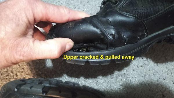 Cracked leather and sole coming apart from upper. Right boot only, left one still OK.