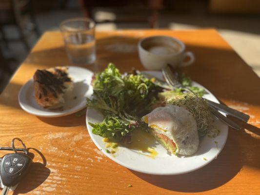 Cali Toast with chocolate croissant and an almond cappuccino. Tasty and fresh, local ingredients. A+