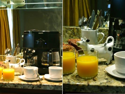 Continental Breakfast of pastries and fresh fruit is brought to the rooms every morning