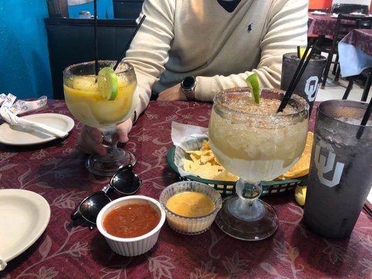 Margaritas, one blended another on the rocks. Also, complimentary chips and salsa with any order.