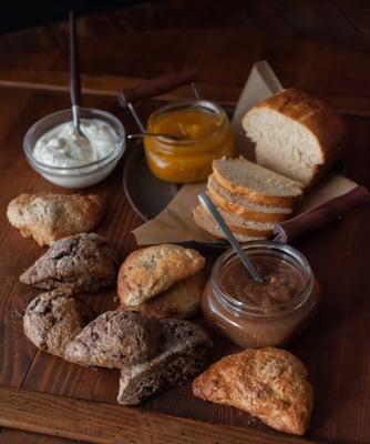 Assorted breakfast breads with butternut sqah and pear cardamon butter