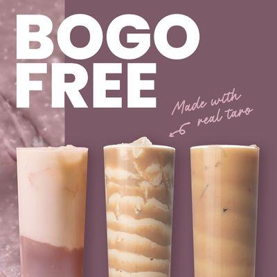 BOGO on Taro Series drinks, 3-5 PM daily! Made with real Taiwanese taro for rich flavor. Mix & match within Taro Series only!