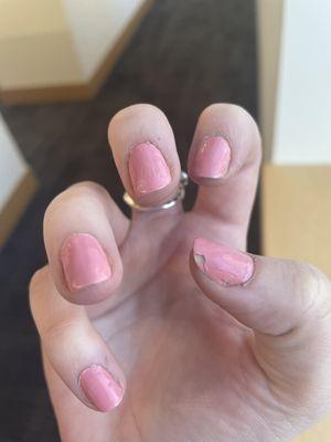 My nails less than a day after getting them done. I do not do anything rough with my hands that would cause them to look like this.