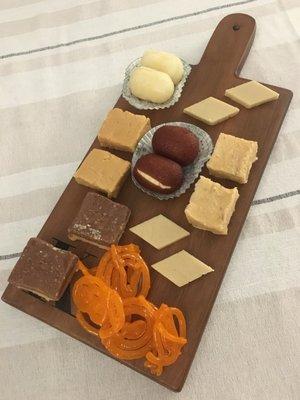 Bought a variety of mithai for Diwali! Mithai pictured: jalebi, kaju katli, assortment of barfi, gulab jamun, and rasgulla.