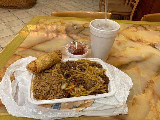 Beef lo mein combination with chicken fried rice and egg roll $7.99, sweet tea $1.39. Total w/tax $10.04