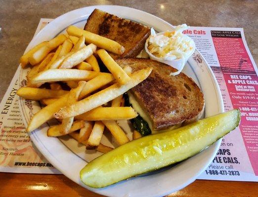 Grilled cheese sandwich with spinach and a side of fries