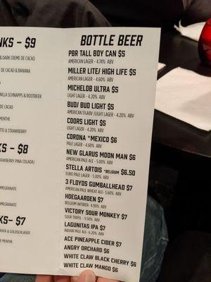 Bottle beer menu