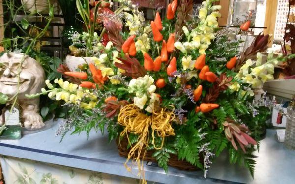 A little mix of veggies, tropicals & traditional flowers make for an eye-catching display of colors