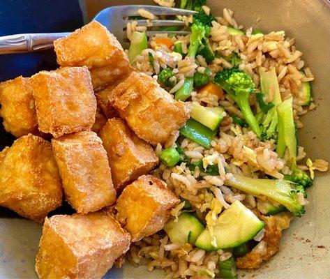 Picked up some veggie fried rice & tofu. Pleased for the variety of veggies.