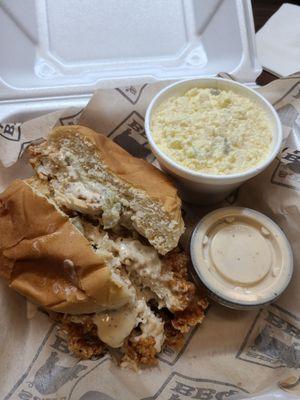 Food Truck 07/31/2023: Sweet Tea Fried Chicken Sandwhich (white sauce + pickles) and Potato Salad