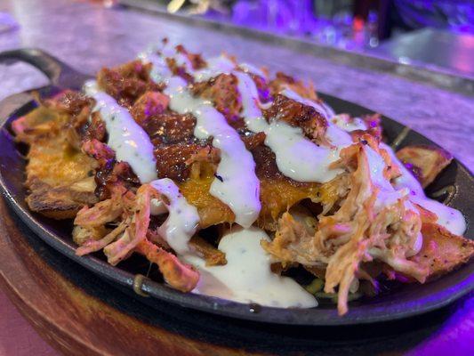 Loaded Jersey Fries with BBQ chicken, cheddar cheese & ranch dressing.