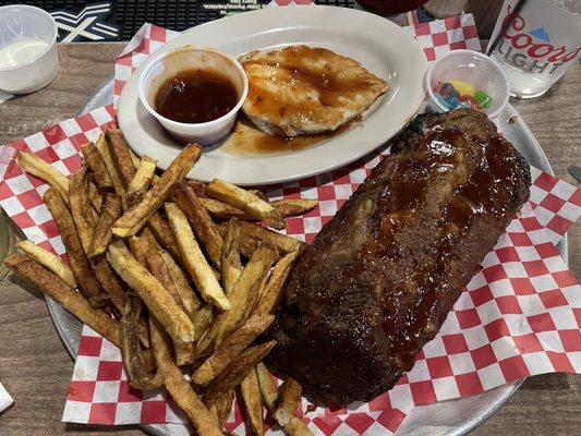 Bbq Pork spare ribs, bbq chicken and fries