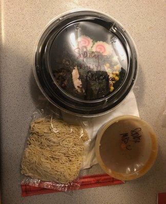 Spicy Miso (w Fishcake), takeout DIY Ramen Kit.  Boil noodles, add broth, add toppings. Very good!