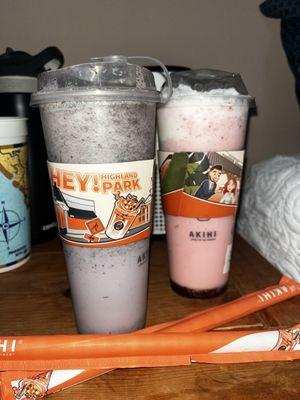 Taro slushy bubble tea and strawberry cheesecake "my crush" slushy