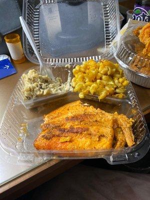 Over cooked salmon dry mac & cheese and dry mashed potatoes