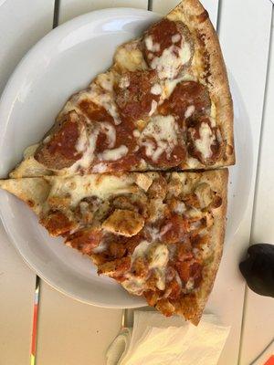 Meatball and chicken parmigiana pizza slices.