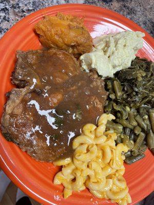 Fried & Smothered Pork Chop, Mac & Cheese, Collards, Green String Beans, Yams, Potato Salad