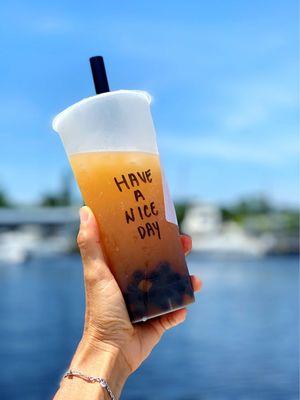 Peach oolong refresher with boba