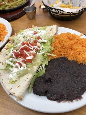 Veggie quesadilla with black beans and rice