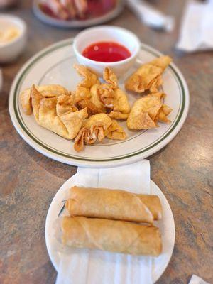 Fried crab puffs and fried shrimp spring rolls