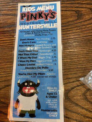 Kids menu