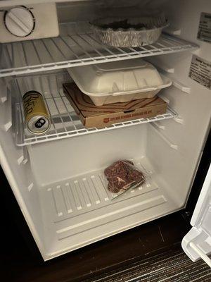 Old leftovers/rotten food in the mini fridge when we checked in. The room reeked!