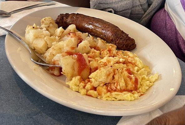 Sausage, scrambled eggs, hash browns