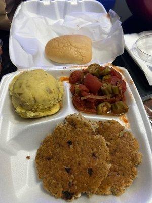 Salmon cake, mash potato's and okra with tomato!