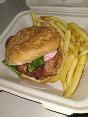 Fried chicken with bacon with French fries