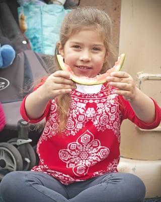 Watermelon smile!  Plenty of fresh fruit served daily.