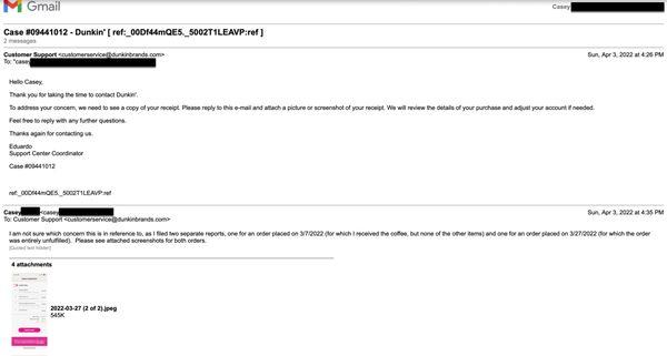 Electronic correspondence with Dunkin' customer service.
