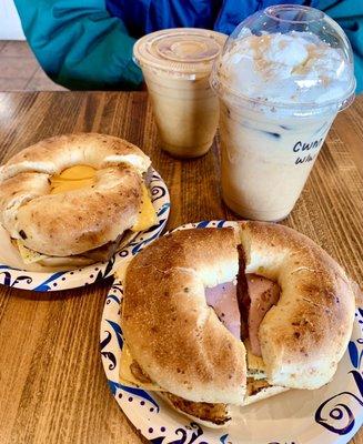 Flying pig sandwich, sausage egg and cheese sandwich, cinnamon white mocha latte, turmeric latte