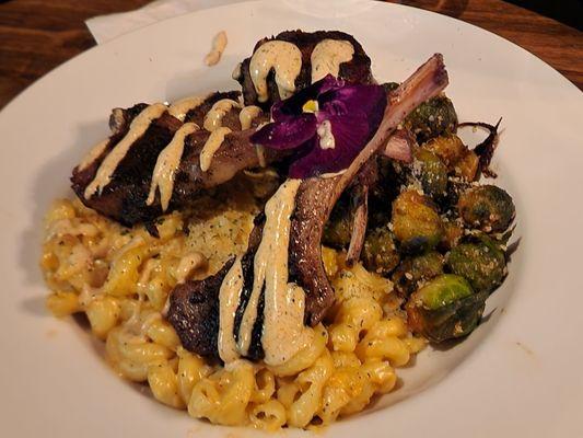 Lamb chops with mac-n-cheese and Brussels sprouts