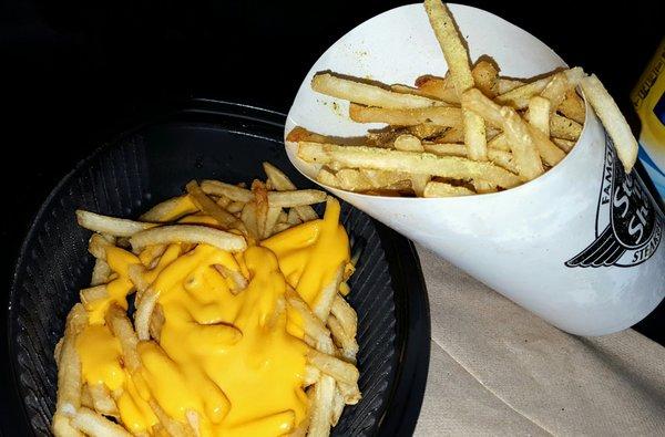 Cheese fries, and garlic Parmesan fries.