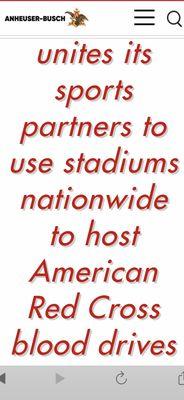 Anheuser-Busch announces its uniting with Sports Partners  to have Blood Drives @ Stadiums with The American Red Cross