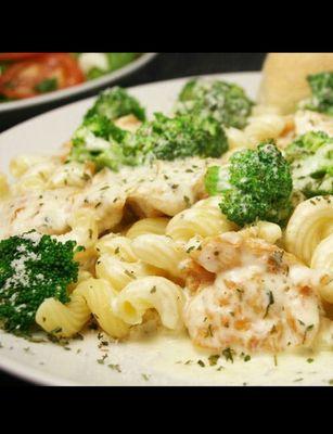 Curly pasta, chicken, broccoli with alfredo sauce