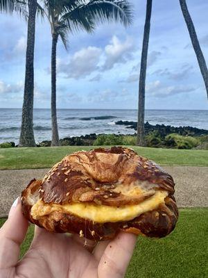 Flaky croissant egg and canadian bacon sandwich. Yum.