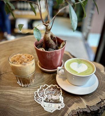 Iced chai latte with oat milk and a matcha